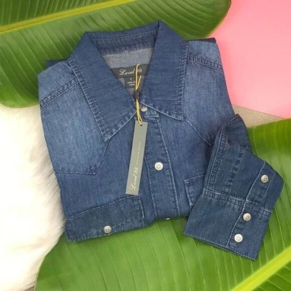 Level 99 Anthropologie Chambray Long Sleeve Snap Button Shirt - Picture 9 of 9